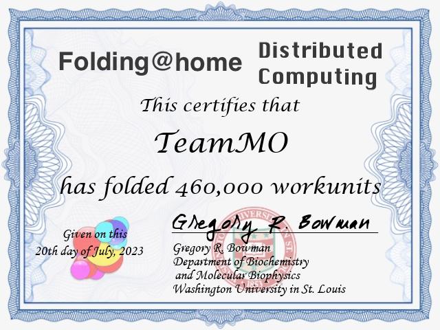 Folding@Home certificate - Folded 460,000 Workunits